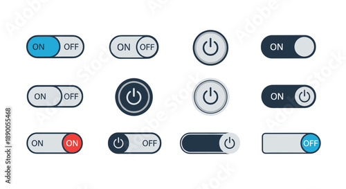 Set of twelve diverse on and off toggle switches and power buttons in various colors and digital interface styles.