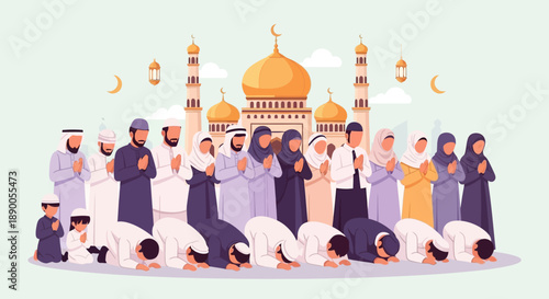 Group of people praying together in front of a mosque during Ramadan, illustration of community and faith