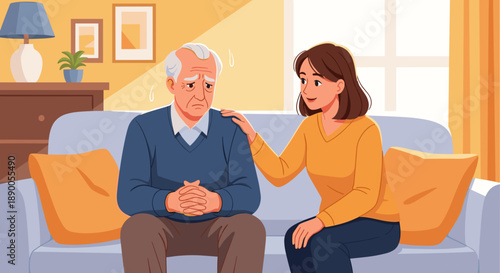 Distressed elderly man unable to pay bills with his daughter comforting him, highlighting family support during financial struggles, ideal for mental health resources and financial wellness campaigns