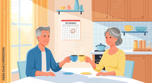 Elderly couple celebrating retirement with coffee at the table, featuring a calendar marking the retirement date, ideal for retirement announcements and greeting cards