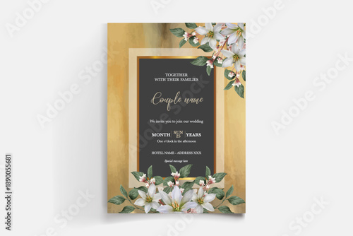 WEDDING INVITATION FRAME WITH FLOWER DECORATIONS AND FRESH LEAVES