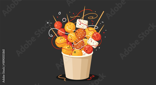 Colorful cup overflowing with various fried street food skewers including meatballs, fish cakes, and tofu pieces.