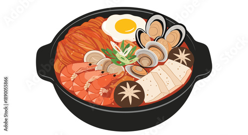 Hearty Korean style hot pot filled with kimchi, shrimp, clams, tofu, mushrooms, and a sunny side up fried egg.