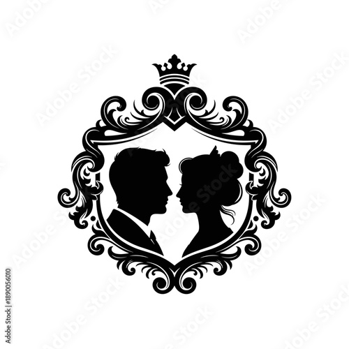 Wedding Couple Silhouette Ornate Frame Design.