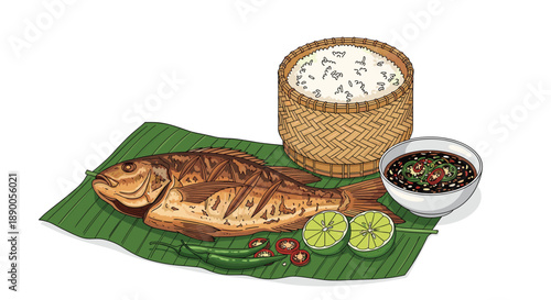 Crispy fried whole fish served on a fresh green banana leaf with a side of sticky rice and spicy dipping sauce.