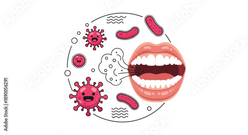 Educational illustration showing bad breath coming from a mouth surrounded by various virus and bacteria characters.