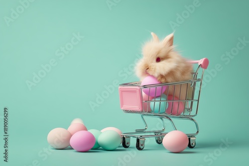 Easter Bunny with Shopping Cart of Pastel Eggs
