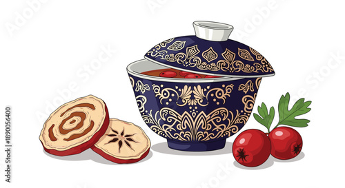Traditional oriental bowl with lid containing hawthorn berry soup or tea accompanied by whole and sliced fruit pieces.