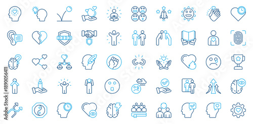 Emotional Intelligence icon set. Containing empathy, respect, resilience, compassion, mindfulness, expression, motivation, optimism, forgiveness, kindness, patience icon. Outline color style