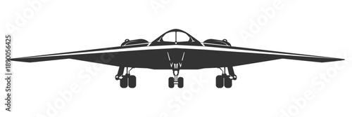 Silhouette B-2 spirit military aircraft design from front view. Vector illustrations b2 fighter jet in black and white color from ahead. Monochrome drawing united states stealth bomber plane.