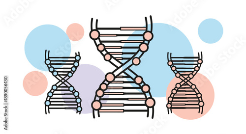 Science concept illustration showing multiple DNA double helix structures surrounded by colorful bubbles representing genetic research.