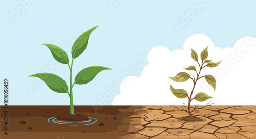 Environmental comparison of a green plant in moist soil versus a withered plant in cracked dry earth during a severe drought.