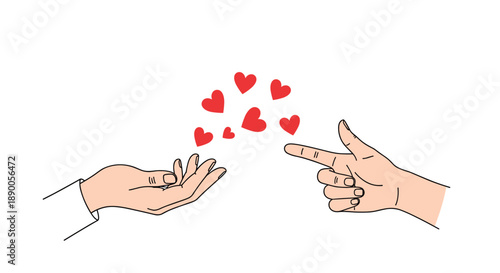 Concept of love and affection showing hands interacting with small red hearts being shot and caught in a playful gesture.