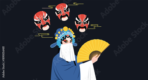 Traditional Chinese opera performer with a folding fan and fierce red face masks floating in the background against a dark setting.