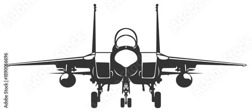 Silhouette F-15 eagle military aircraft design from front view. Vector illustrations f15 fighter jet in black and white color from ahead. Monochrome drawing united states modern combat aeroplane F15.