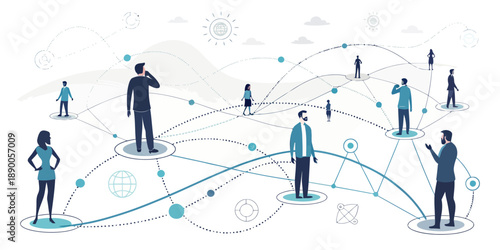 Corporate communication and connectivity: People connected in a network, symbolizing teamwork and information flow.