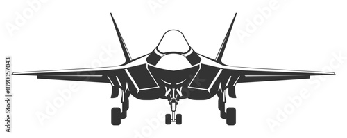 Silhouette F-35 military aircraft design from front view. Vector illustrations f35 fighter jet in black and white color from ahead. Monochrome drawing united states modern combat aeroplane F35.
