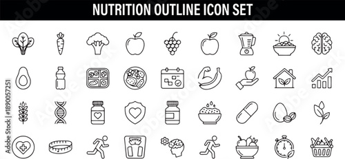 Nutrition Health Outline Icons, Diet Food Icon Pack Clipart, Healthy Eating Vector Illustration, Nutrition Wellness Line Icons Design, Vitamin Supplement Bundle Download, Health Nutrition Icon Pack, D