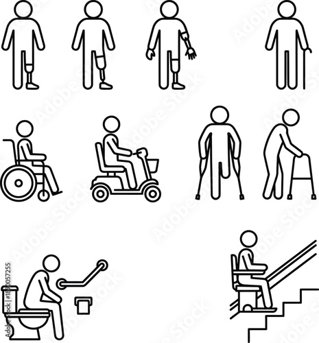 A collection of line icons representing people with disabilities and mobility aids