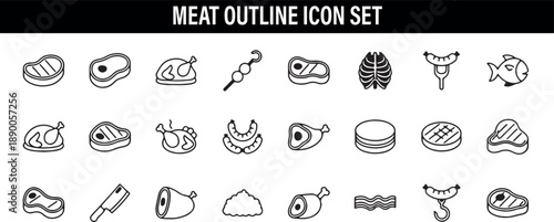 Meat Outline Icons Set, Butcher Food Icon Pack Clipart, Protein Beef Vector Illustration, Meat Products Line Icons Design, BBQ Grill Bundle Download, Meat Butcher Icon Pack, Food UI Icons Set

