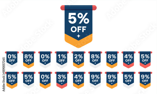 Discount sale badges, showcasing percentage labels from 5% to 95% for sales, offers, marketing campaigns, and shopping deals.