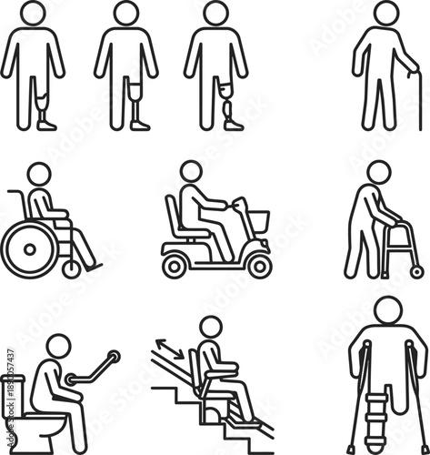 A collection of line icons illustrating mobility aids and accessibility solutions for people with disabilities