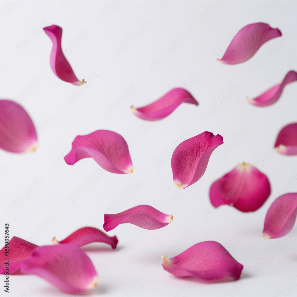 Fototapeta premium Flying pink petals against a white background, surrounded by an intricate rose overlay