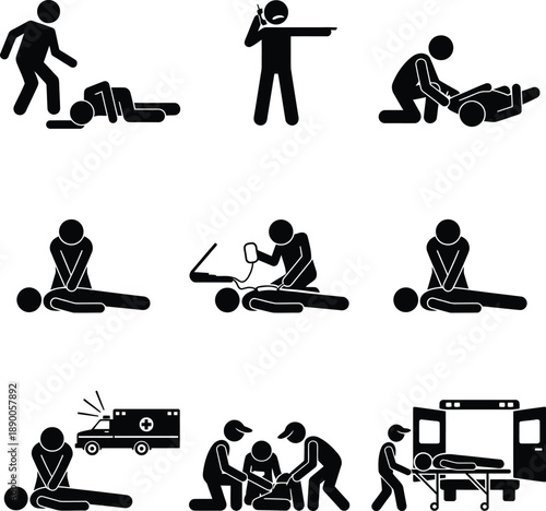 First aid and emergency medical response depicted through stick figures