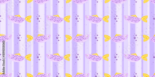 Seamless pattern with tropical fish and coral on lilac background. Playful underwater design for kids textiles, wrapping paper, and summer beach themes