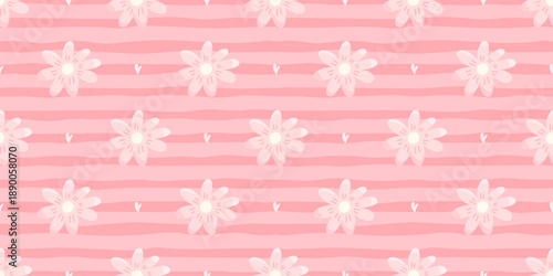 Cute daisy flower seamless background with tiny blooms, hearts, and gingham texture. Ideal for girly textiles, gift wrap, and romantic floral designs