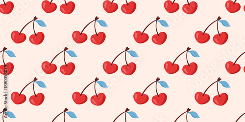 Seamless cherry pattern with cute red berry on beige background. Designed for picnic tablecloths, baby products, and sweet summer prints