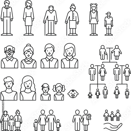 Family tree and icons representing diverse family structures and ages