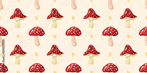 Cute mushroom seamless background featuring kawaii fungi and woodland details. Ideal for nursery textiles, Halloween decor, and trendy forest-themed packaging
