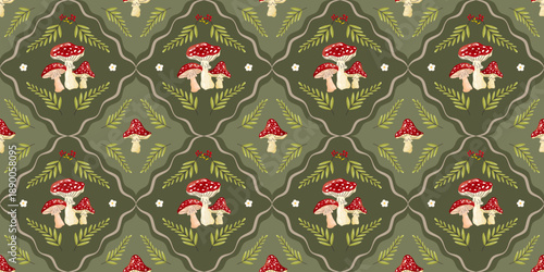 Whimsical mushroom pattern with toadstools, flowers, and a soft boho mood. Suitable for fabric printing, garden wallpaper, and magical cottagecore designs