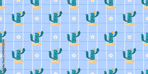 Seamless cute cactus pattern with flowers, and soft pastel gingham. Designed for nursery fabrics, baby wallpaper, and cheerful kids packaging