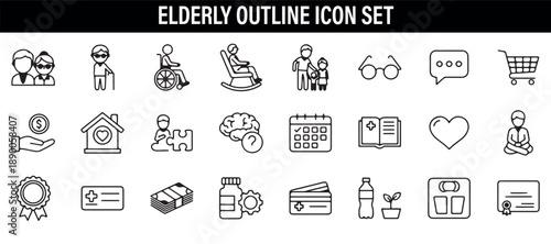 Elderly Outline Icons Set, Senior Care Icon Pack Clipart, Old Age Vector Illustration, Retirement Home Line Icons Design, Elder Health Bundle Download, Senior Citizen Icon Pack, Elderly Care UI Icons
