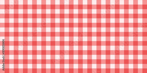 Red gingham plaid pattern background. Seamless checkered fabric texture, classic picnic tablecloth style, cottage illustration.