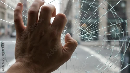 Hand reaching through shattered glass window, revealing city street scene with blurred pedestrians and buildings in the background, showcasing urban environment and damage
