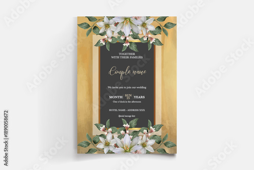 WEDDING INVITATION FRAME WITH FLOWER DECORATIONS AND FRESH LEAVES