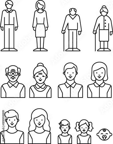 Line art icons of people representing different generations and age groups