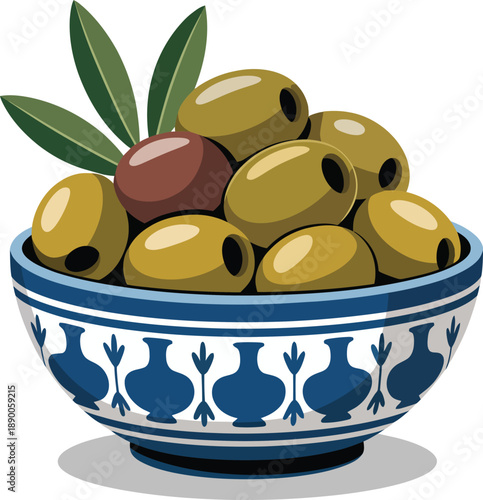 A charming illustration of a bowl filled with green and one dark olive, garnished with fresh leaves