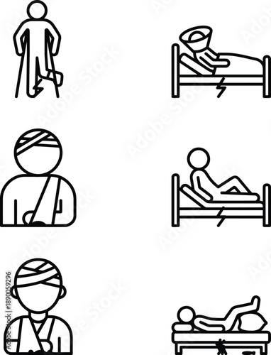 Medical recovery and injury icons: featuring patients with crutches, bandages, and hospital beds