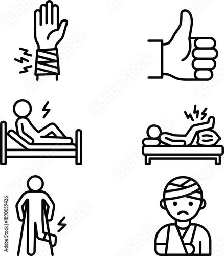 A set of line icons illustrating various health conditions, injuries, and pain symptoms