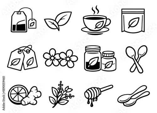 Hand drawn tea and herbal ingredients set featuring tea bags, leaves, hot cup, ginger, lemon, honey, and spoons for natural remedies and beverages