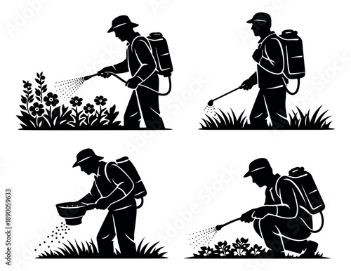 Silhouette graphic gardener set featuring a man spraying plants and applying fertilizer for gardening, agriculture, and pest control