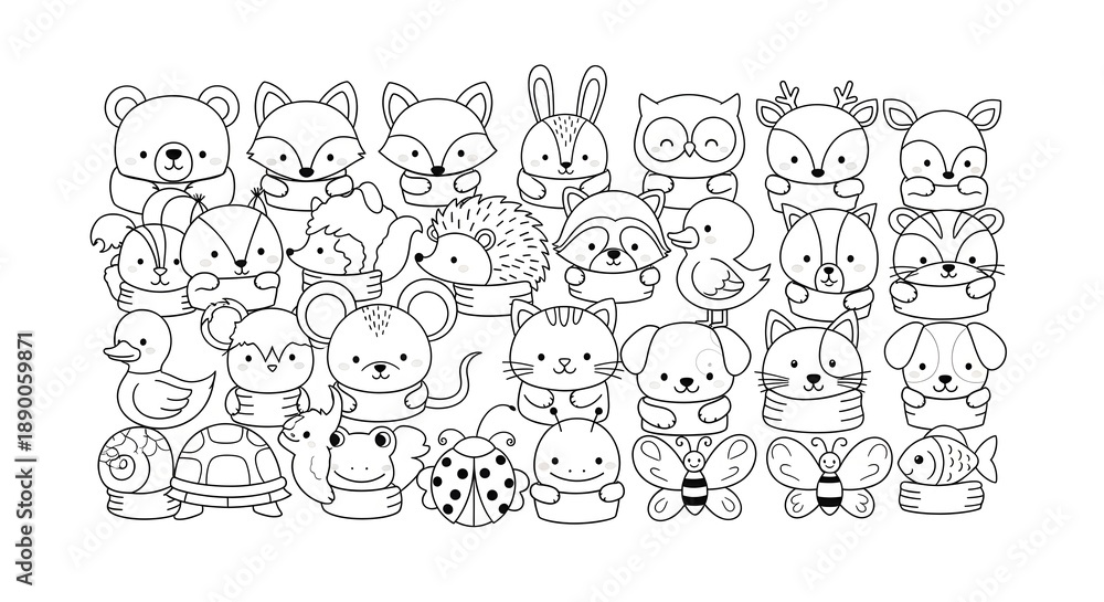 Fototapeta premium A clean grid of various animal faces in black and white outline. Designed for children's coloring books, educational flashcards, and simple icons.