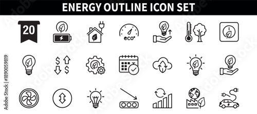 energy outline vector icons, renewable power symbols, electricity usage graphics, sustainable energy elements, eco power icon set, energy management outlines, green energy pack

