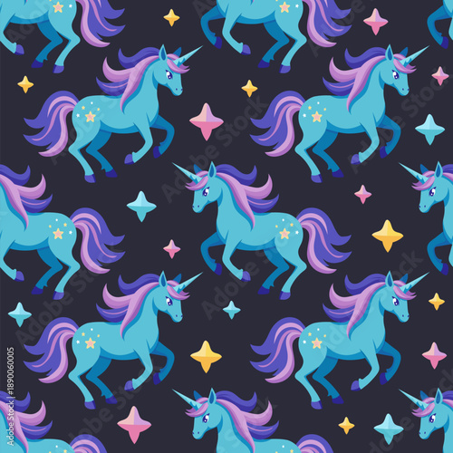 Cute blue running unicorn horse with colorful mane and stars on black background. Vector seamless pattern.