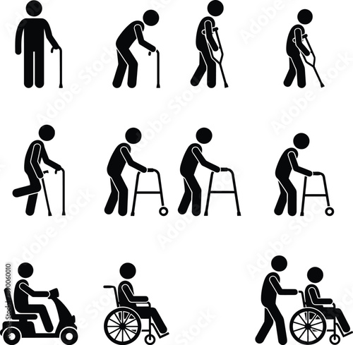 A collection of stick figures representing different types of mobility aids and support for elderly individuals