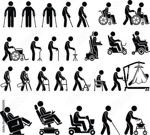 Diverse stick figures illustrating mobility aids for elderly and disabled individuals